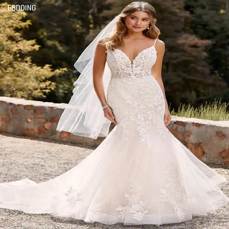 

Newest Wedding Dress Mermaid Lace Deep V-Neck Neckline Long Open-Back Marry Plus Sizes Bride Gown 2021 Vestidos De Novia