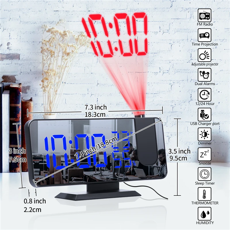 

2021 Modern LED Digital Projection Alarm Clock Desk Watch Desktop Electronic Radio Clocks With A Projector FM USB Wake Up Snooze
