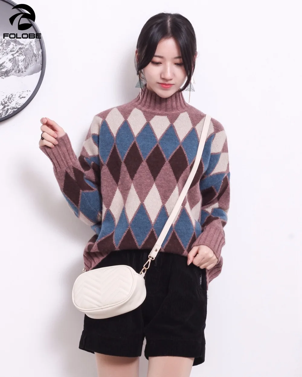 

2020 autumn winter new women's sweater diamond lattice pullover long-sleeved high-neck fashion casual sweater
