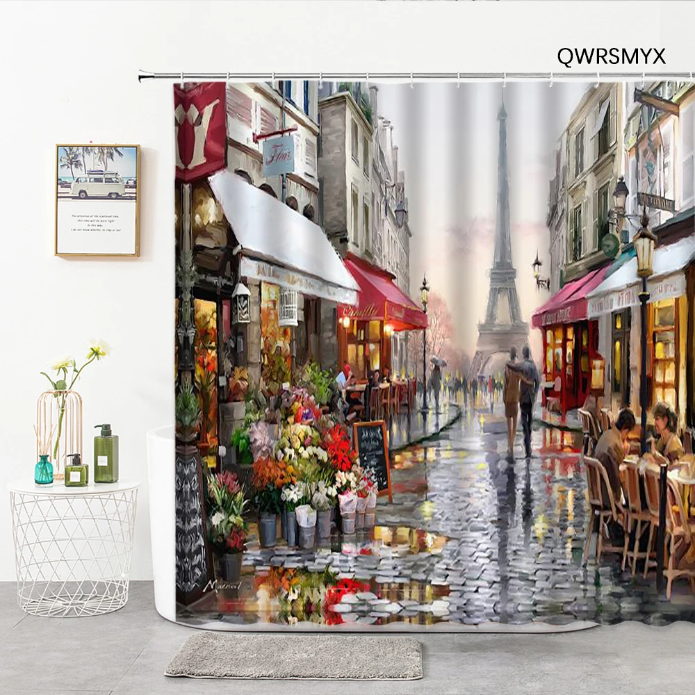 

Paris Bathroom Curtains Oil Painting Autumn France Street Tower Shower Curtains Home Decor Polyester Fabric Curtain With Hooks