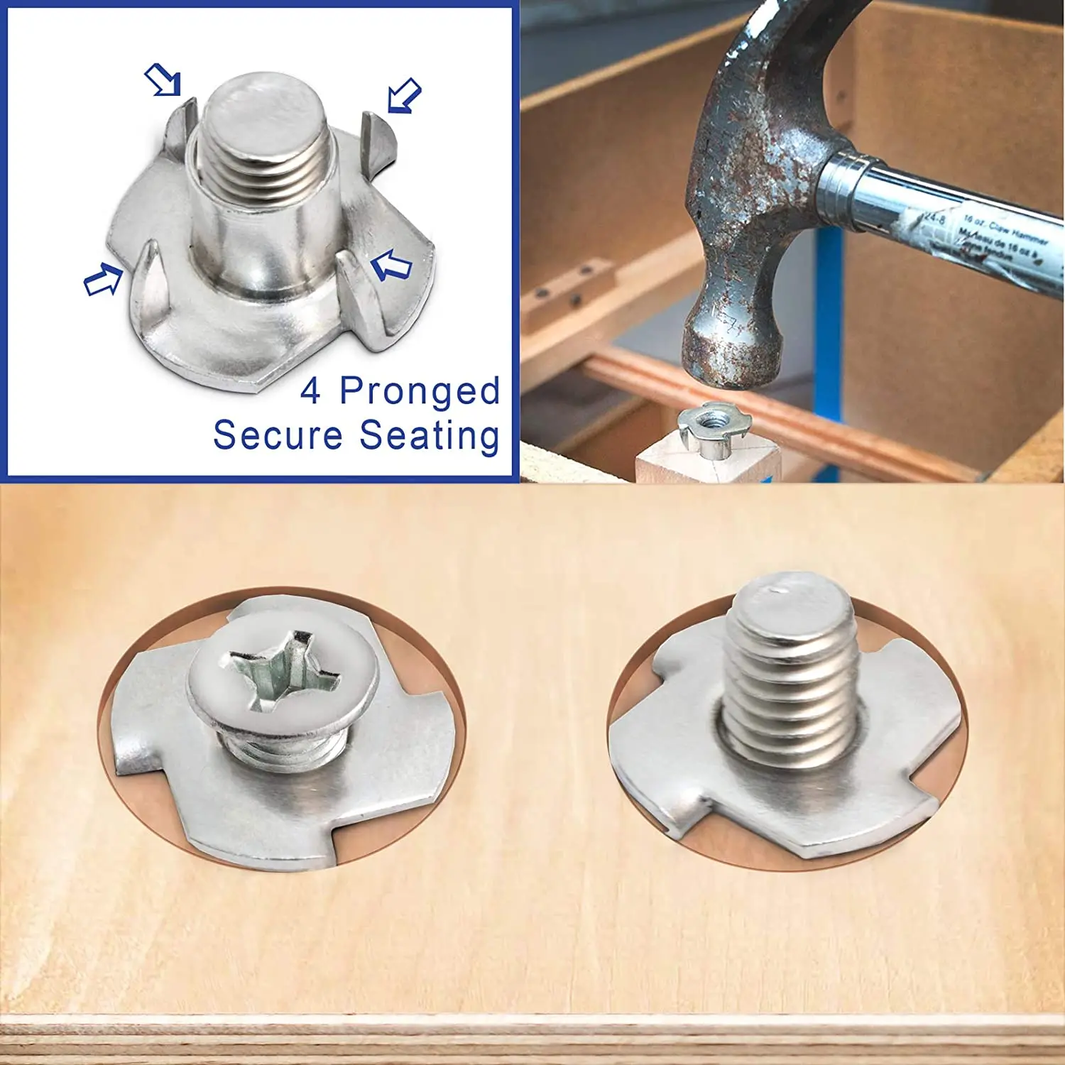 1/4&quot-20 T-Nuts | 100pc Pronged Tee Nut. for Wood Rock Climbing Holds Cabinetry Обустройство дома