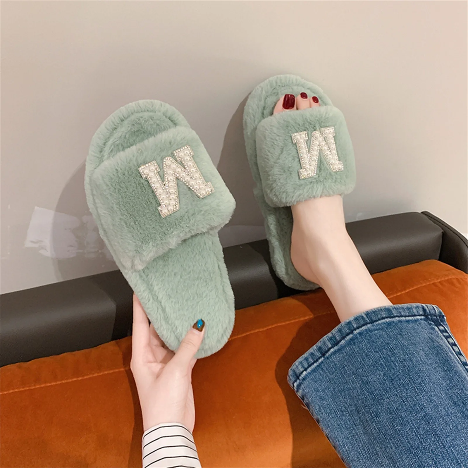 

Women's Slippers Shoes Rhinestone Pearl Letters Plush Home Indoor Bedroom Opening Cotton Floor Slippers Autumn Winter Warm Shoes