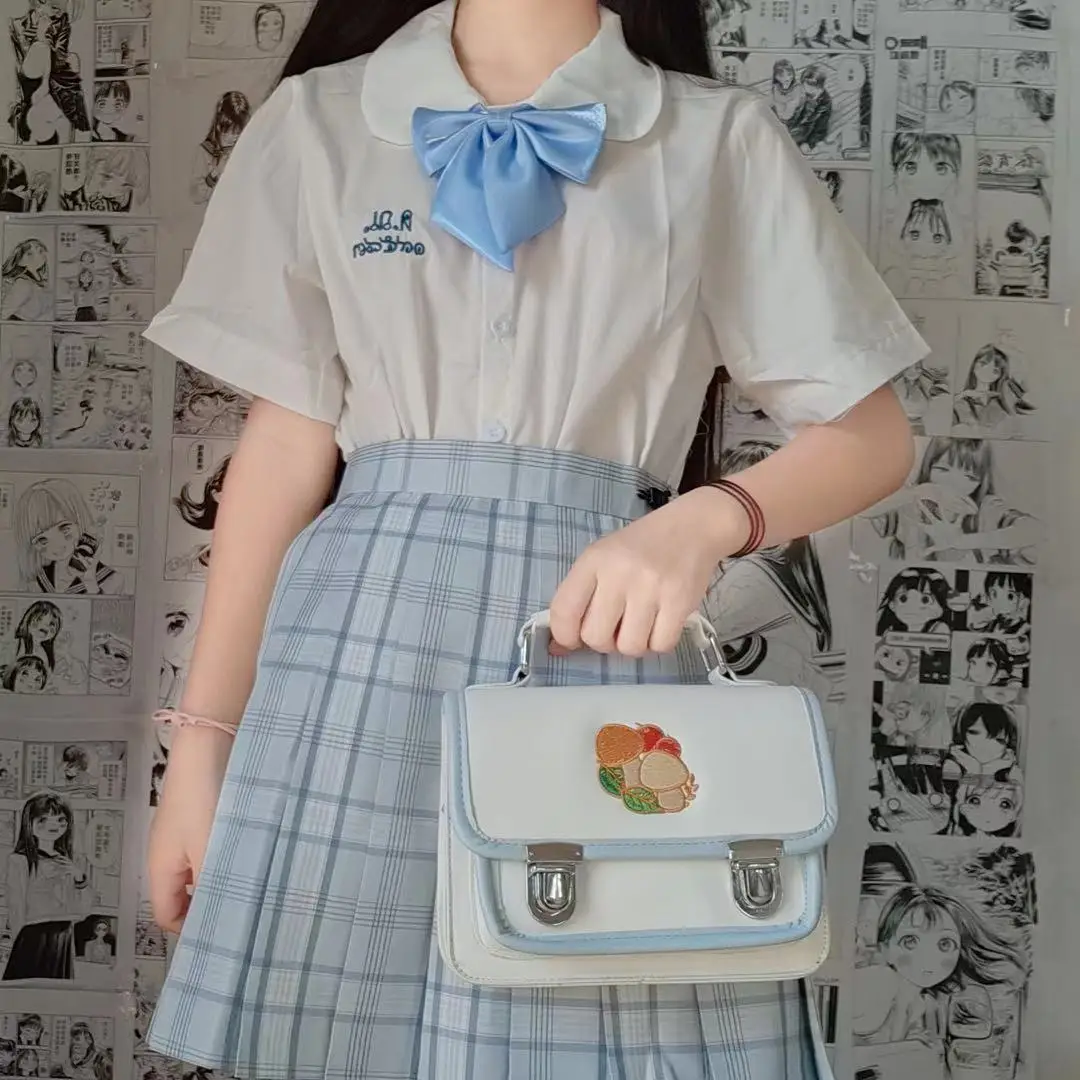 

Cute Preppy JK Lolita Uniform Teen Girls Student School Satchels Handbags Women Embroidered Colorblock Leather Crossbody Bags
