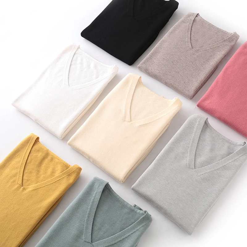

Spring Autumn Women Sweater Fashion V-neck Solid Long Sleeve Pullover Sweater Women Casual Loose Cashmere Knitted Sweater Ladies