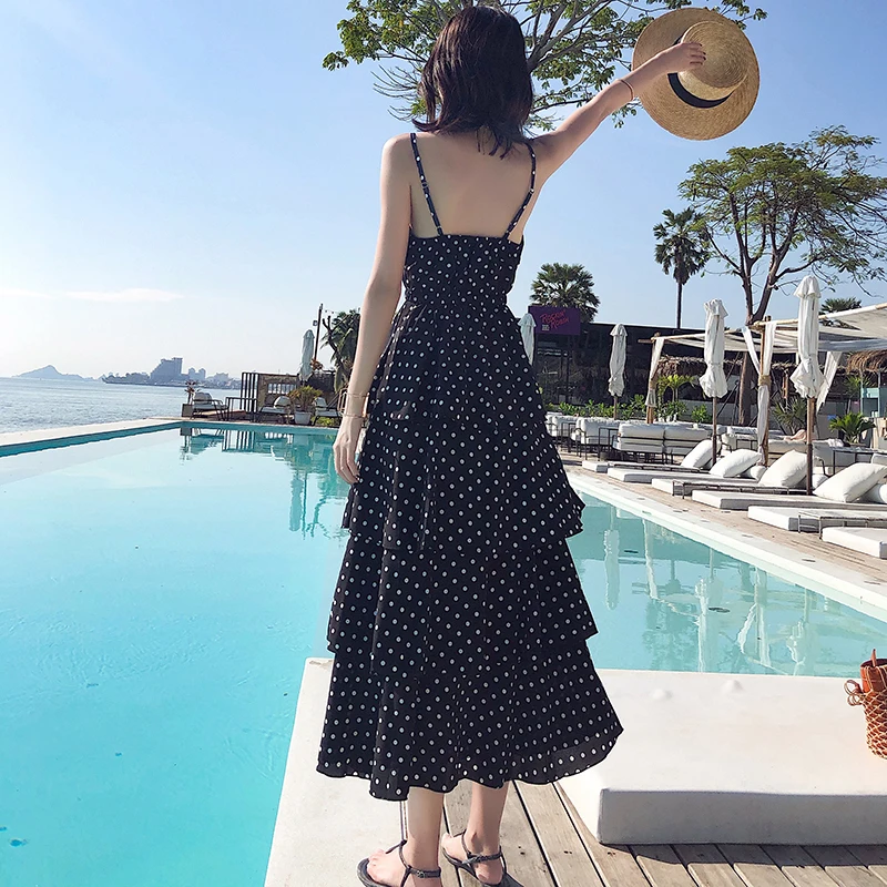 Женский Длинный пляжный сарафан в горошек красное повседневное винтажное платье