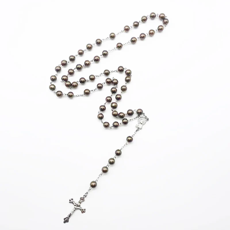 Модное кофейное ожерелье с жемчужным крестом 7 мм религиозное Девы