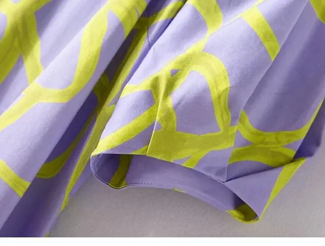 

2021 Women Dress New Abstract Line Purple Print Puff Sleeve Midi Dress