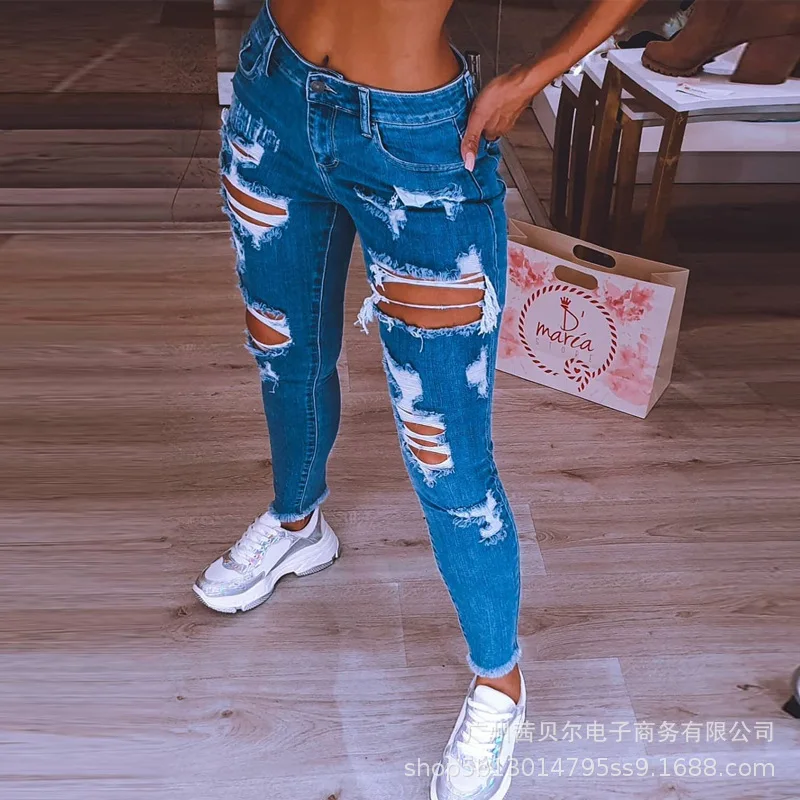 

2021 new blue ripped skinny jeans