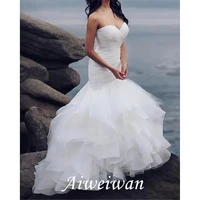 mermaid trumpet wedding dresses strapless sweep brush train organza tulle sleeveless country sexy with cascading ruffles 2021