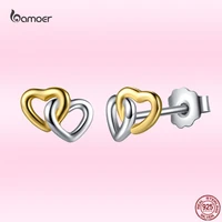 bamoer 100 925 sterling silver fashion two color heart shaped ear studs for women summer simple party jewelry present for girl