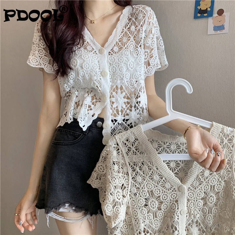 

2021 Summer Crochet Lace Shirt Crop Top Boho Bohemian Blouse Women Short Sleeve Vintage Blusa Mujer French Style Cropped
