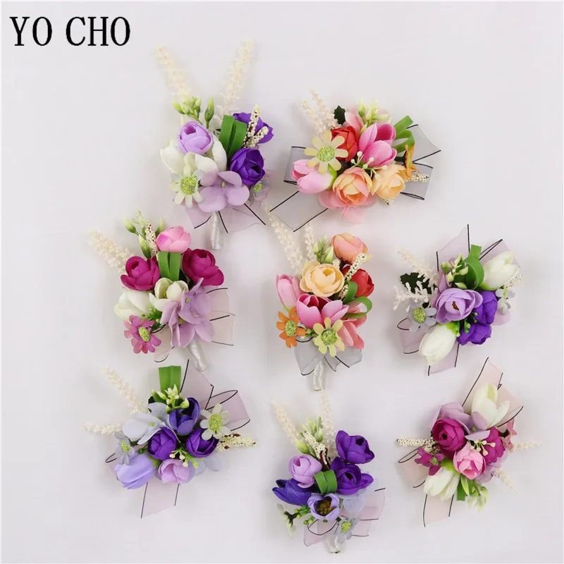 YO CHO бутоньерка искусственный Шелковый цветок розы жениха свадебный на запястье