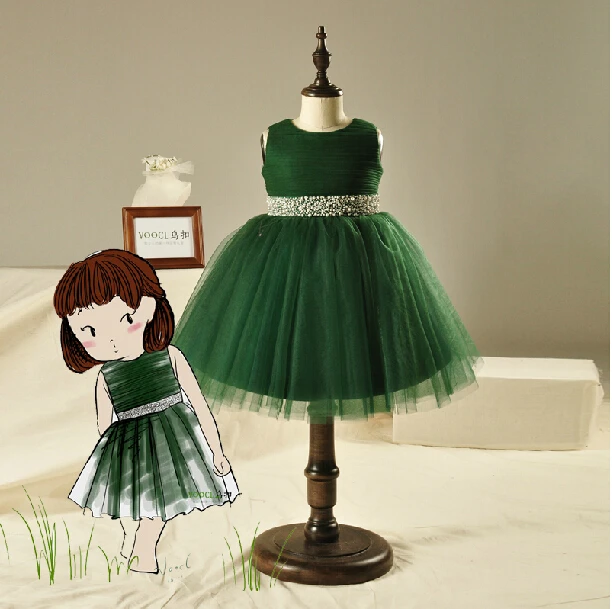 

o-neck green tulle crystal sashes for weddings 2016 first communion for girls tea-length handmade ball gown Flower Girl Dresses