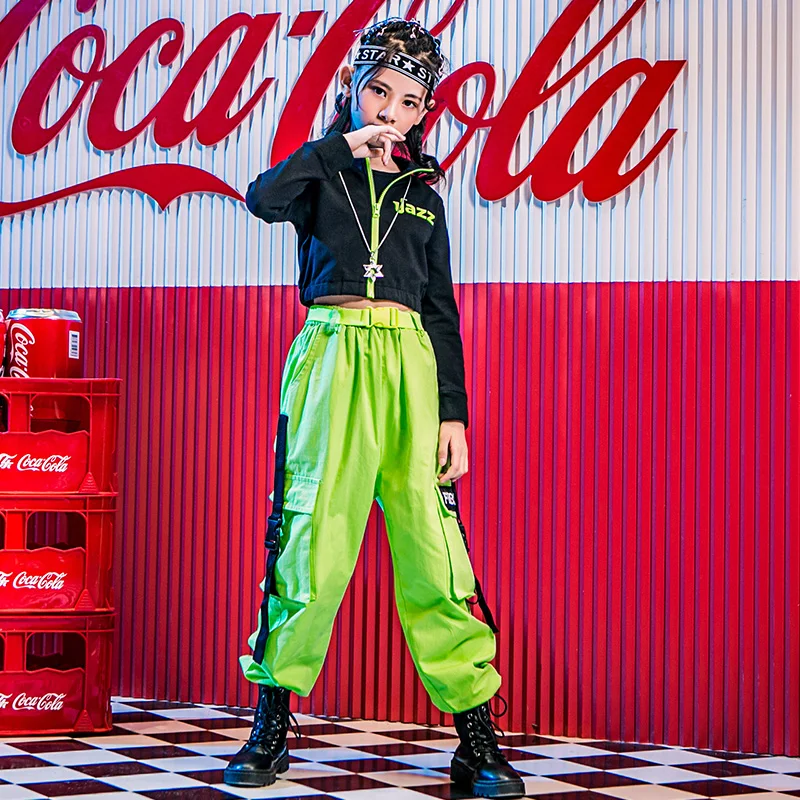 

Children Hip Hop Clothes Girls Jazz Dance Costume Black Tops Green Pants Long Sleeve Street Dancing Outfit Stage Show 110-180CM