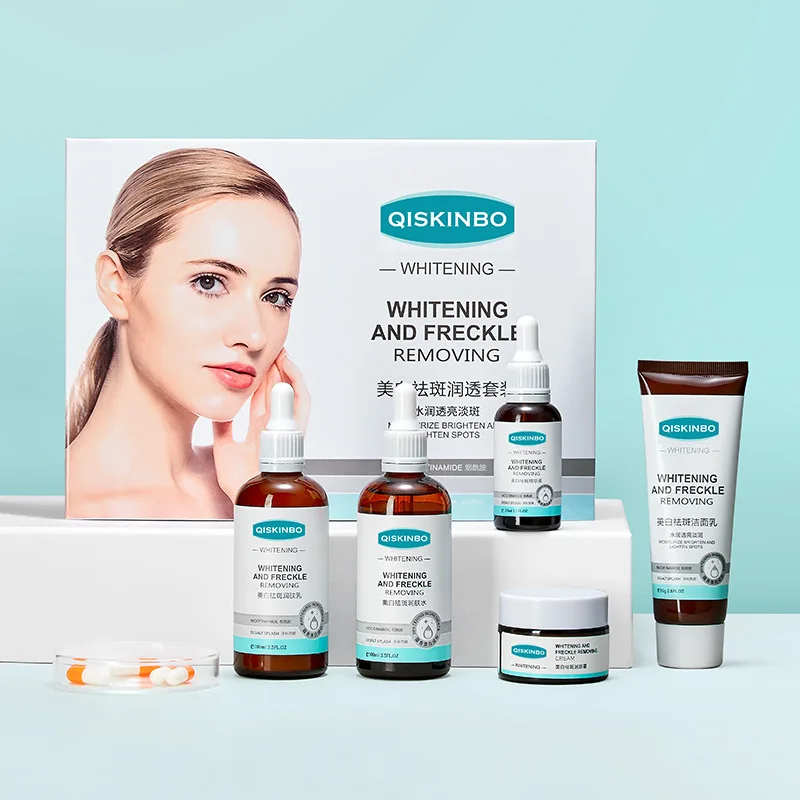 

Отбеливающий набор для ухода за кожей против веснушек, 5 шт., очищающее средство для лица, тоник, эссенция, лосьон, крем для удаления темных пя...