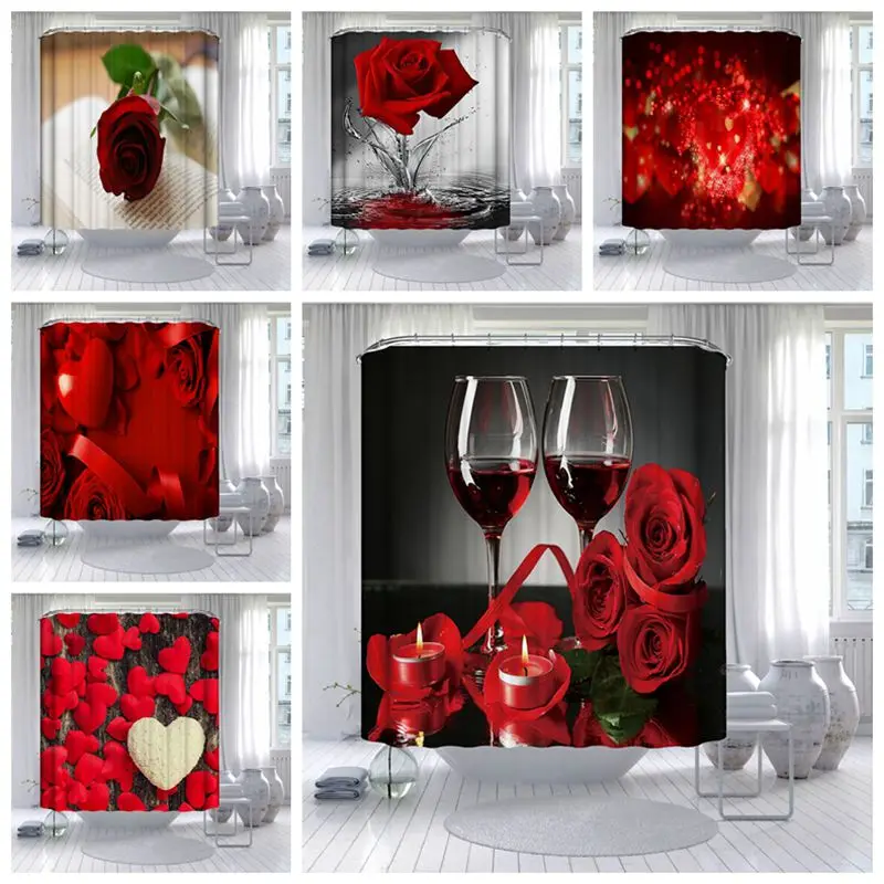 

Bathtub Curtain Red Rose Flower On The Book Red Wine Glass Printed Shower Curtains Valentine's Day Proposal Wedding Bath Decor