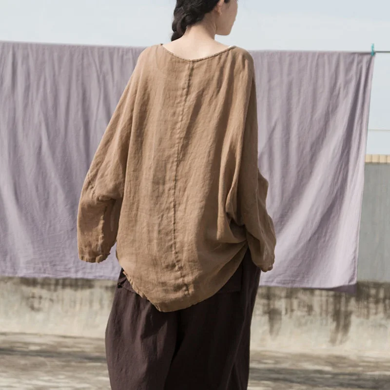 

Women Ramie Vintage T-Shirts High Quality 2021 Spring Summer Soft Plus Size Women Cloths Khaki Chinese Style T-Shirts