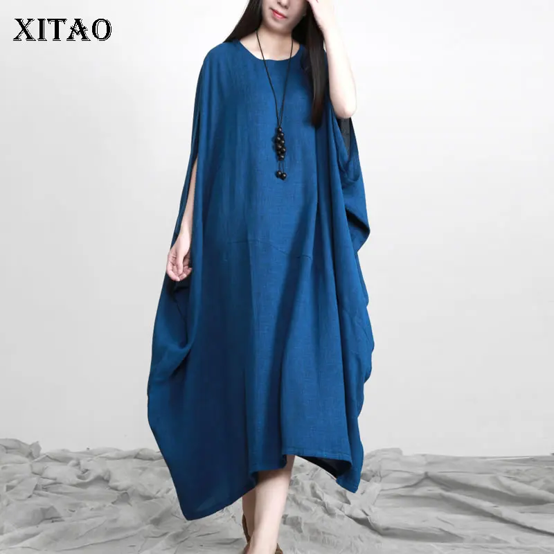 

XITAO 2021 Summer Loose Women Dress Vintage Solid Color O-neck Asymmetrical Casual Batwing Sleeve Long Dress WMD1717