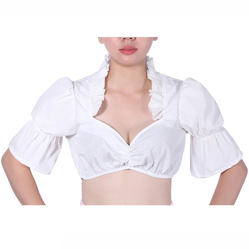 Белый гофрированный хлопок глубокий v образный вырез короткий рукав фонаря