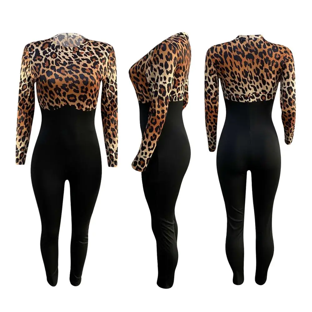 

European New Sexy Leopard Print night shop Jumpsuit fashion slim o-neck long sleeve women's T-shirt pants
