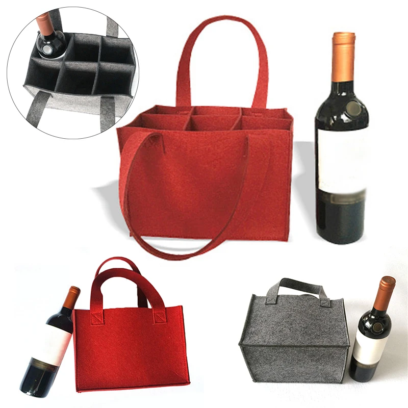

6 Grids Reusable Fashion Felt Bag Wine Holder Beer Bottle Shopping Tote Bag Bottle Carrier with 6 Bottles Divider Washable Grey
