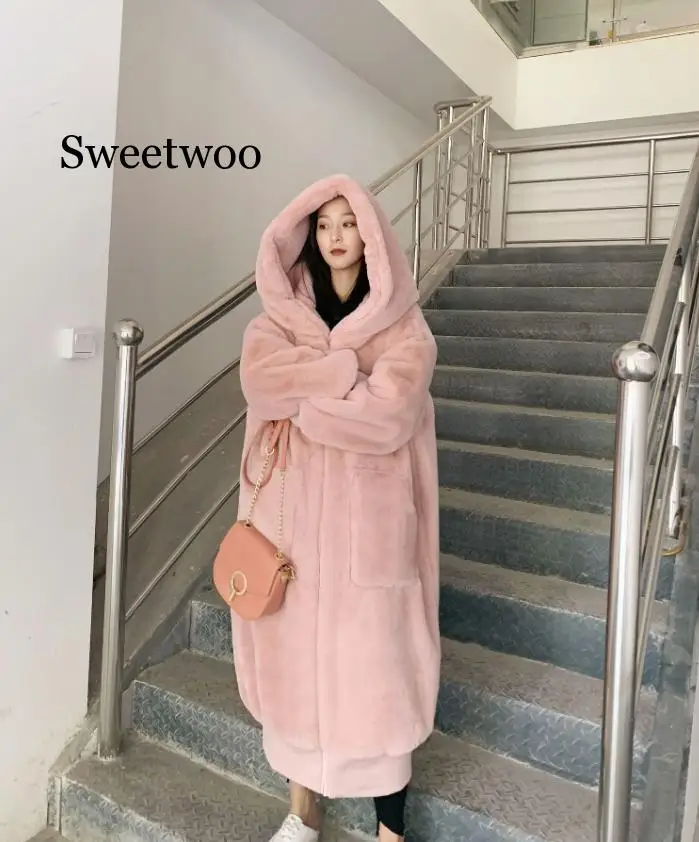 Winter Warm hooded Large size Long Solid color Faux Fur Coat New Casual Long sleeve Women Fur Jacket Outwear Oversized