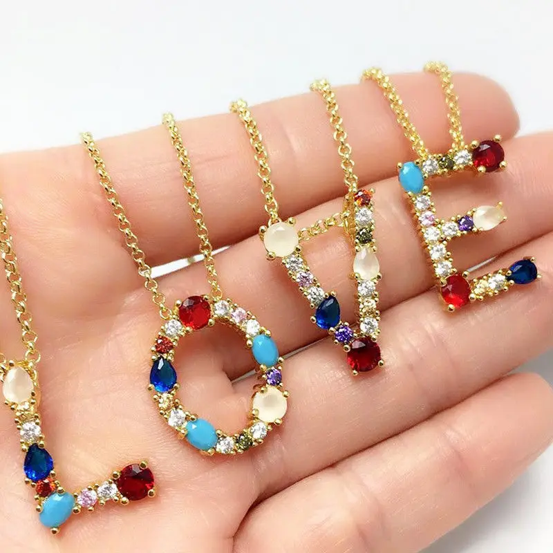 

Trendy Initial Multicolor CZ Necklace For Women Zircons Colourful Letter Necklace Name Party Jewelry Accessories Gift Bijoux New