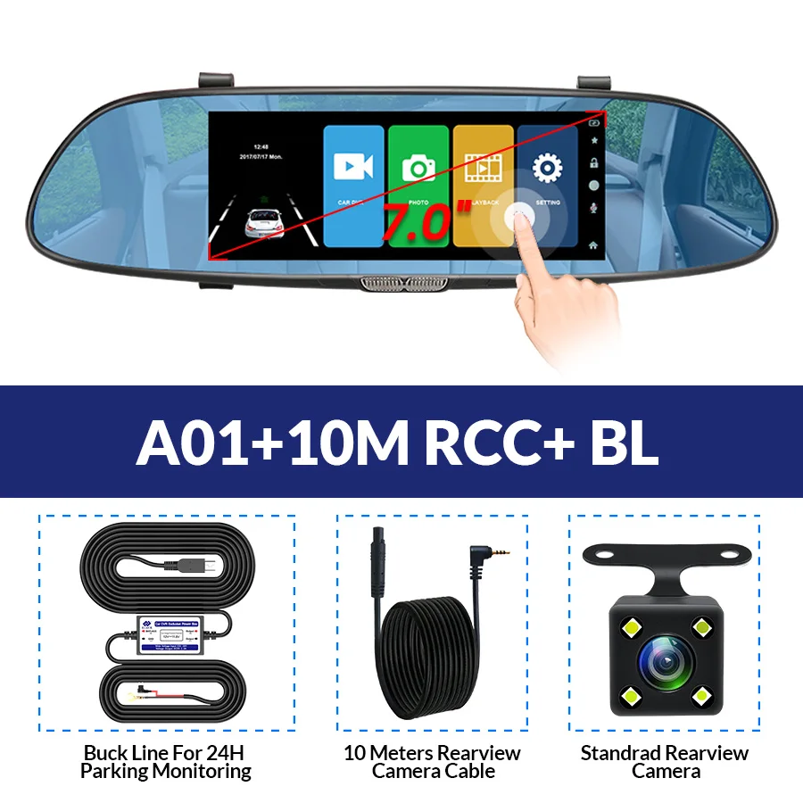 A01-10M RCC-BL E-ACE Автомобильный видеорегистратор FHD 1080P Dashcam 7 дюймов dvr зеркало видео рекордер автомобильная камера с камерой заднего вида авто регистратор Dvrs видеорегистратор - Название цвета: A01-10M RCC-BL
