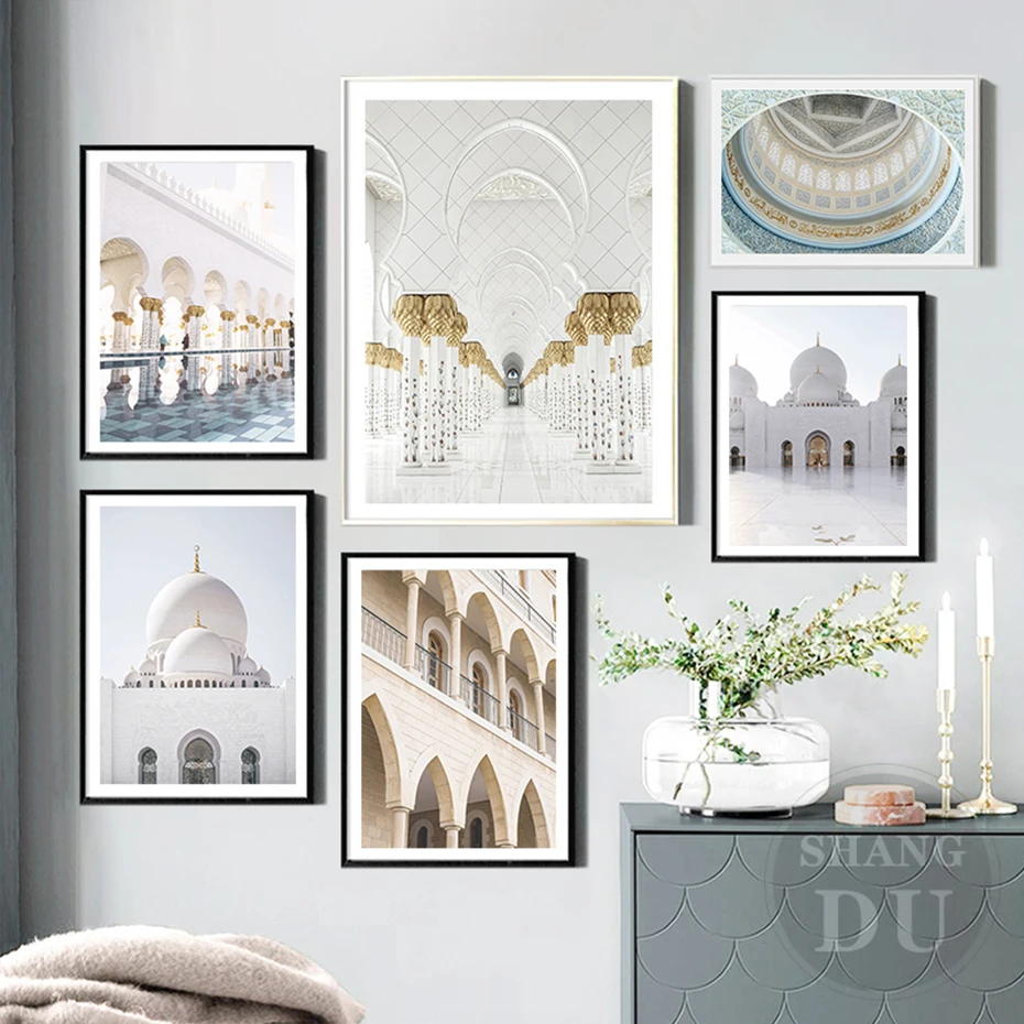 

Trendy Islamic White Dome Building Mosque Travel Canvas Poster Painting Wall Art Print Pictures Living Room Home Interior Decor