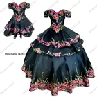 Сексуальные черные мексиканские платья для Quinceanera 2022 цветочное бальное платье с открытыми плечами Съемная юбка для выпускного милое платье 15 XV атласное