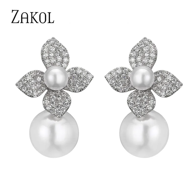 

ZAKOL Classic Shiny Cubic Zirconia Dangle Earrings for Women Luxury Imitation Pearl Flower Bride Wedding Jewelry Gifts EP2995