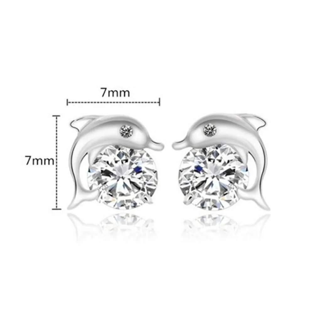 

Exquisite Cute Romantic Dolphin Love Stud Earrings For Women 925 Stering Silver Jewelry Round Cut AAA Zircon Brinco Bijoux