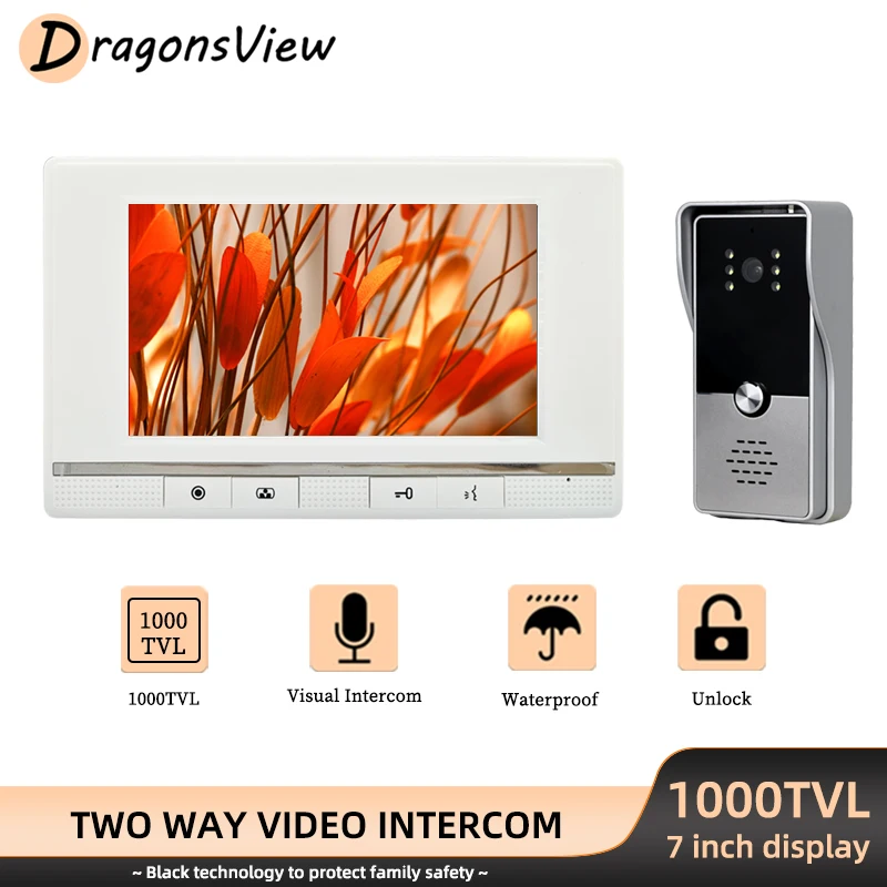 DragonsView Home Video Intercom 7 Inch Wired Entry Door Phone System Rainproof Night Vision 1000TVL Outdoor Doorbell Camera