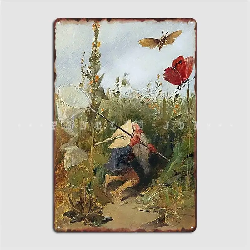 Gnome Catching Butterflies Metal Sign Funny Cinema Garage Painting Décor Club Bar Tin Sign Posters