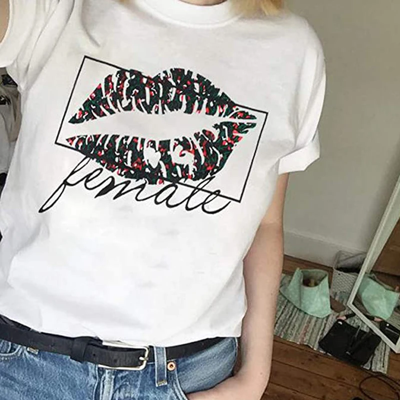 Футболка женская с принтом губ повседневная пикантная белая милая топ коротким