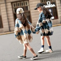 girls knitwear coats mixed colours plaid cardigan sweater autumn knitted overcoats thicken sweaters casual v neck long sweaters