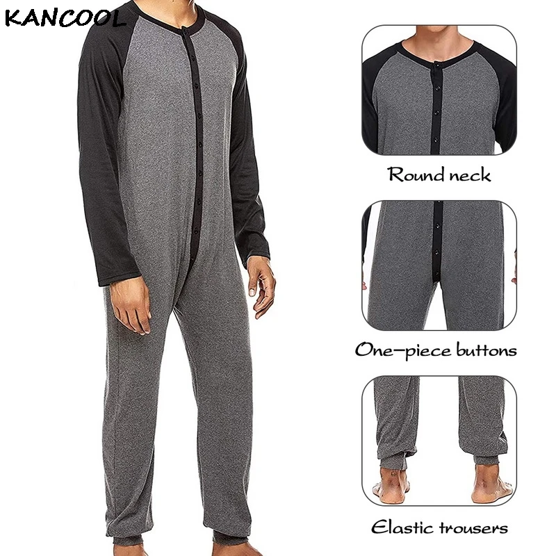 

KANCOOL Men Pajamas Jumpsuits Patchwork Long Sleeve O Neck Homewear Comfortable Rompers Casual Mens Playsuit Sleepwear S-2XL