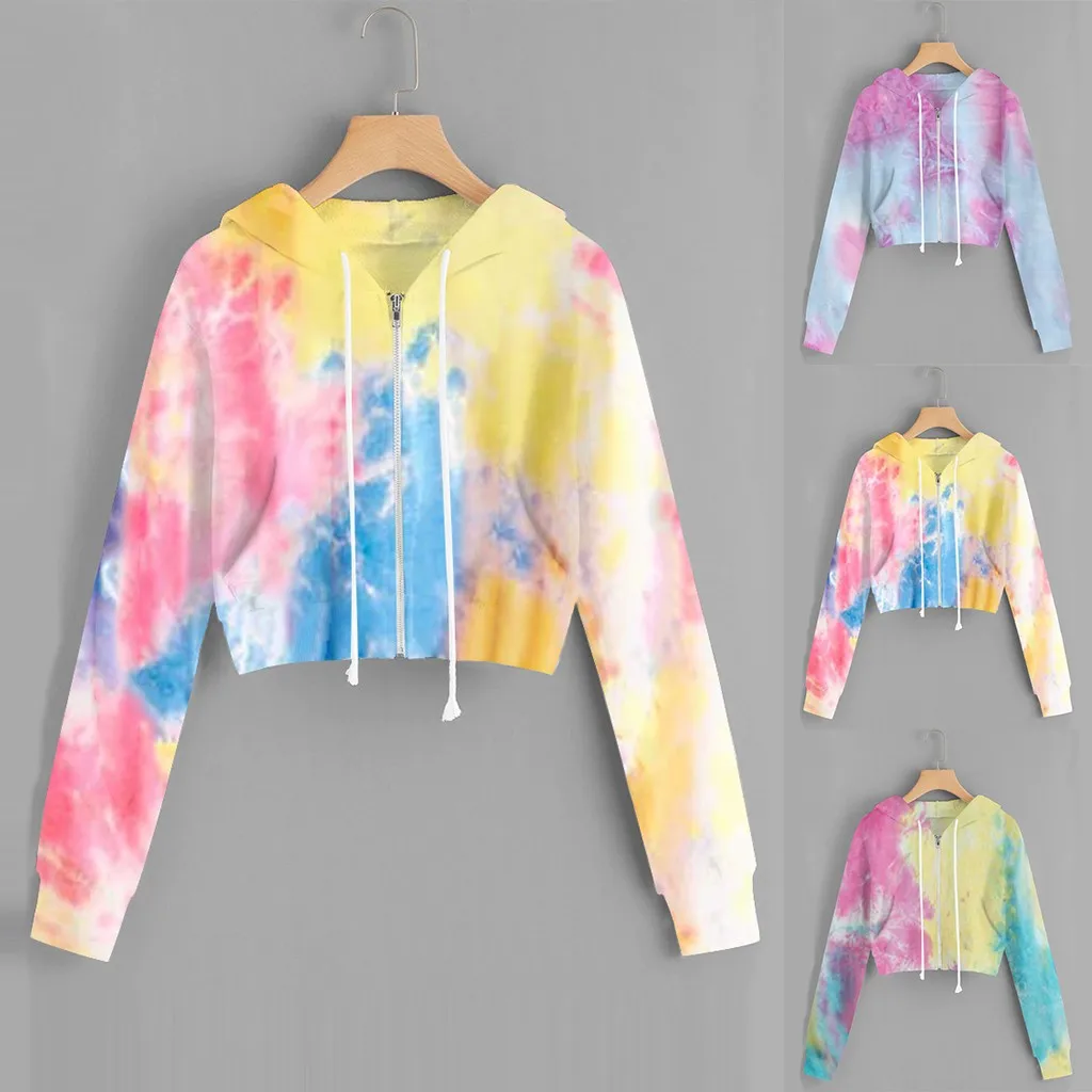 

S-XL Women Casual Tie-Dye Long Sleeve Short Tops Zipper Pocket Hooded Dyed Sweatshirt Tops European style Trendy Streetwear