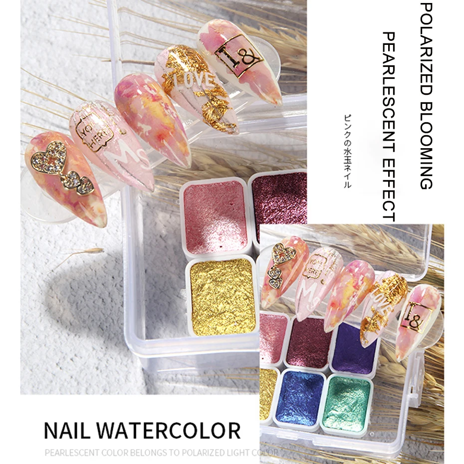 Акварель для ногтей 6/12 цветов однотонная металлик синий фиолетовый жемчужный