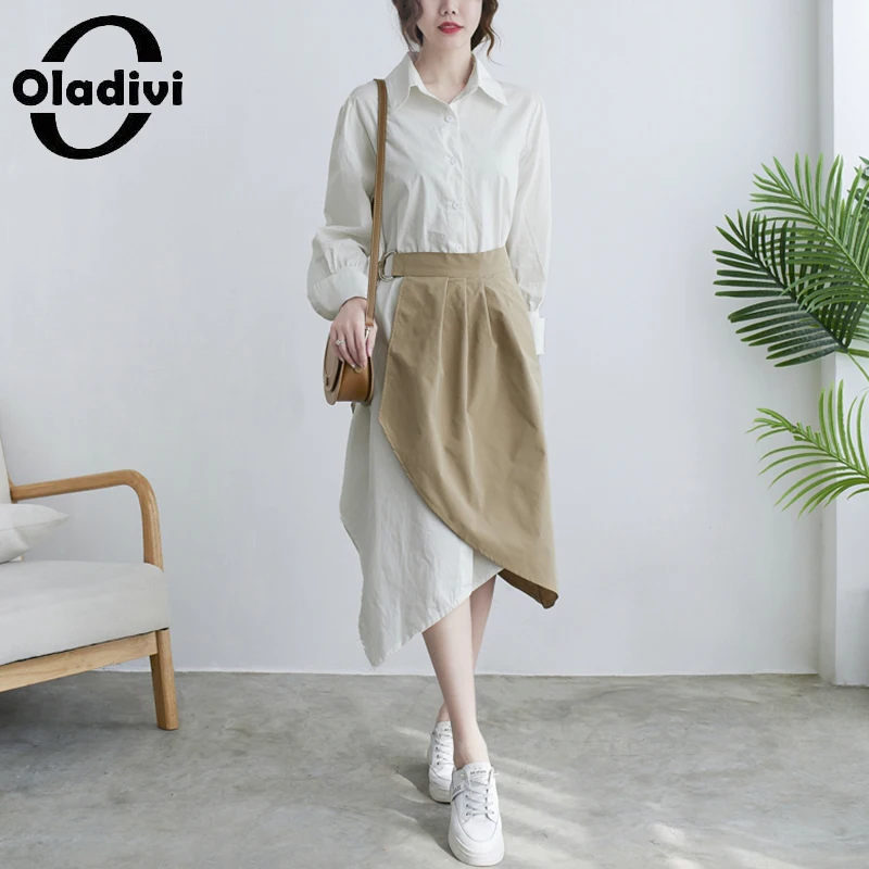 

Oladivi Oversized Women Casual Loose Shirt Dress + Apron 2021 Autumn Long Sleeve Midi Dresses Vintage Ladies Robe Vestidios 5095
