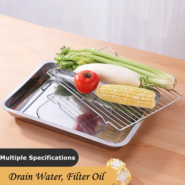 Rectangular Storage Plates Oven Baking Tray Oil Filter Pan Stainless Steel Bakeware Grid Wire Cooling Rack Kitchen Utensils 6