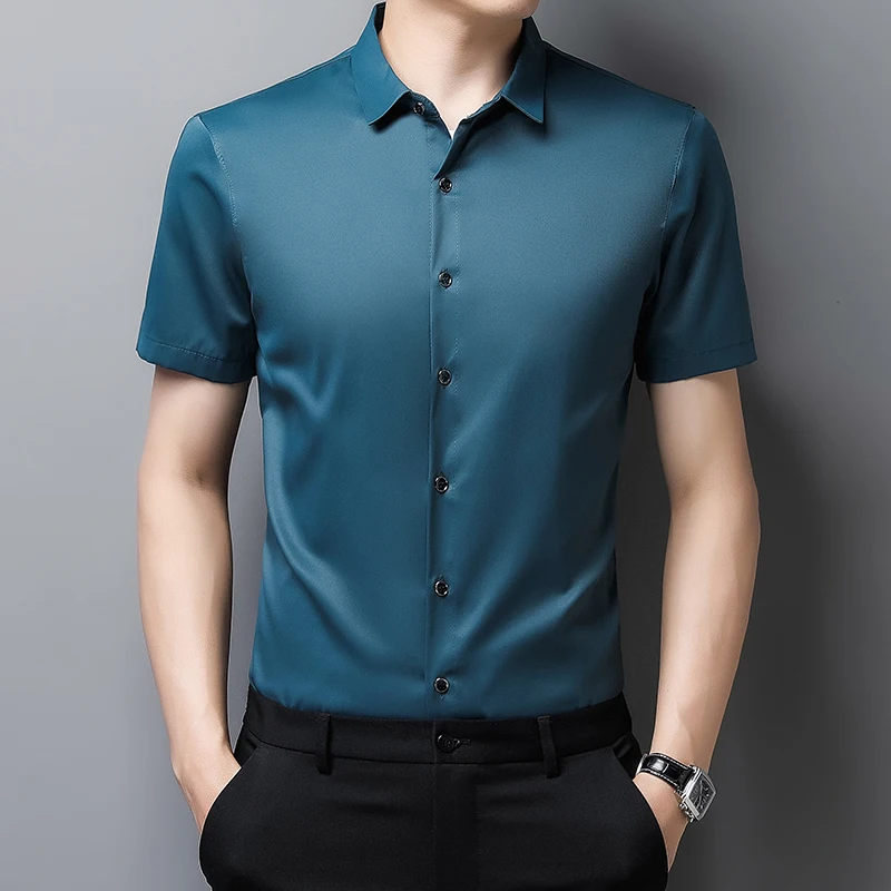 Мужская классическая шелковая рубашка синяя гладкая большого размера