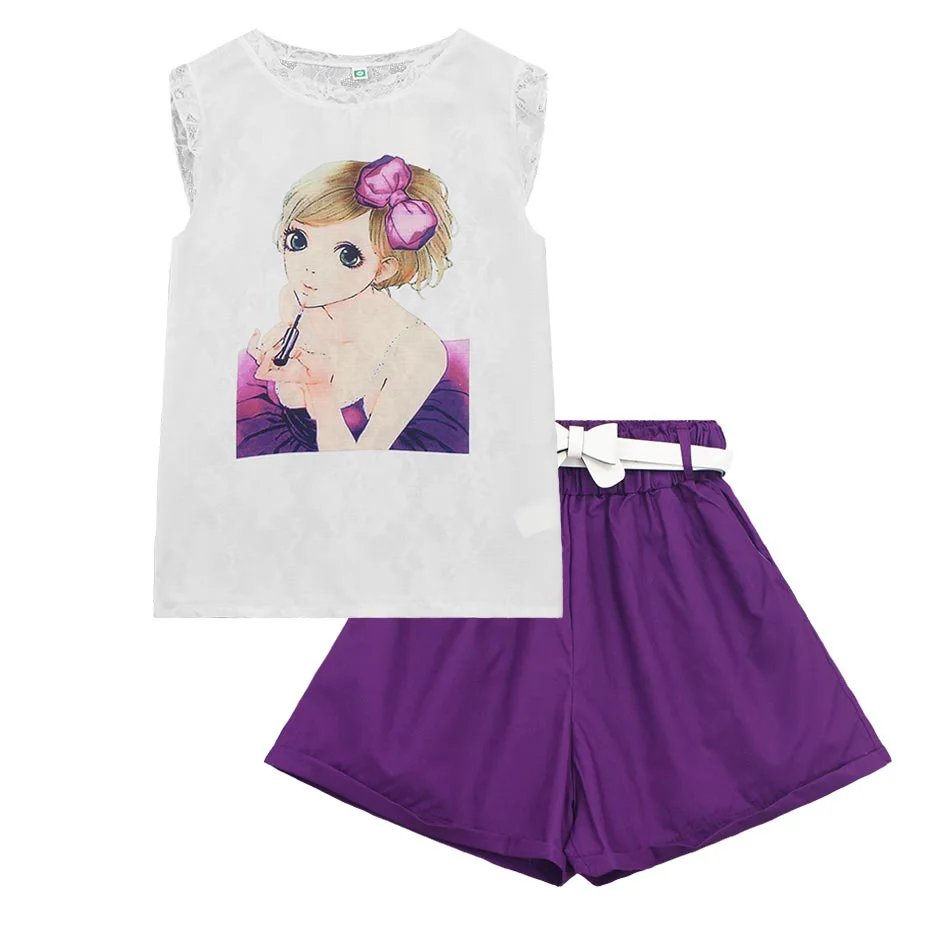 Подростковая одежда кружевная футболка в стиле пэчворк + шорты комплект одежды