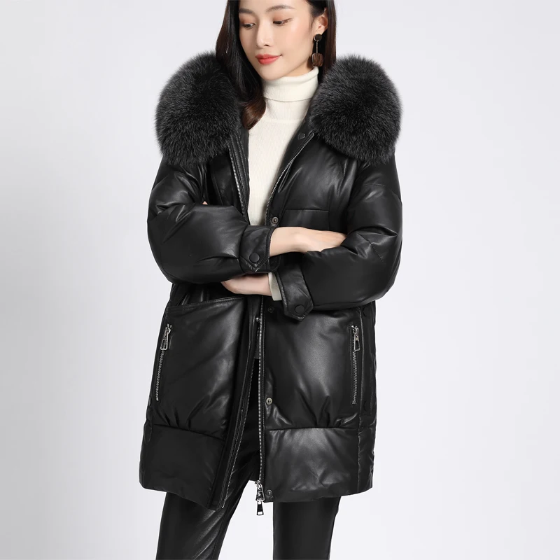 

Winter 2020 new Haining leather down jacket, female sheepskin medium length fox hair collar hooded fur coat