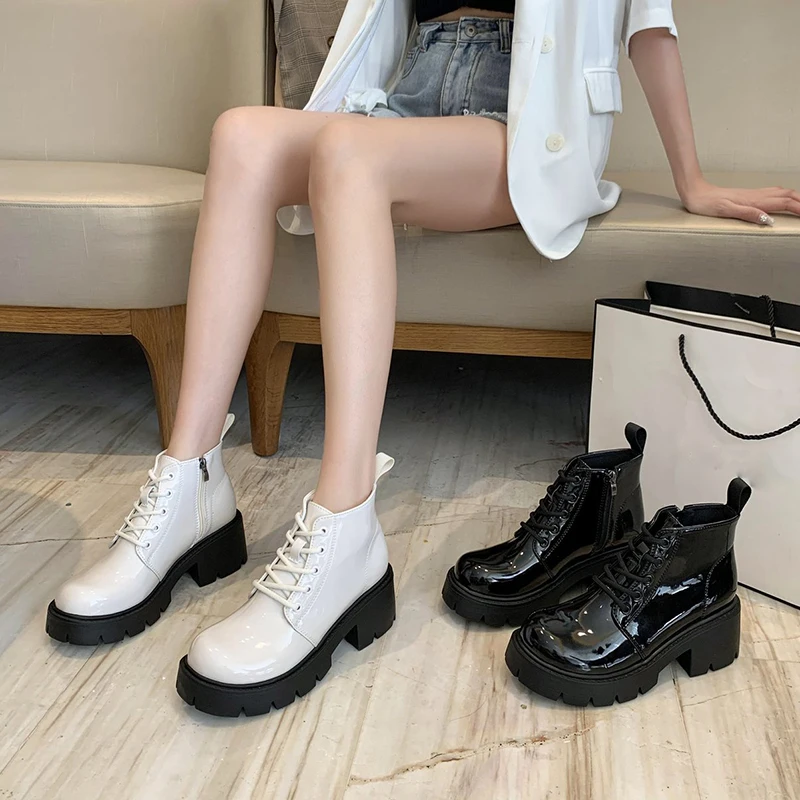 

Black Patent Leather Platform Boots Woman Zip Lace Up Motorcycle Botas Dropshipping Winter Women Chunky High Heels Ankle Boots