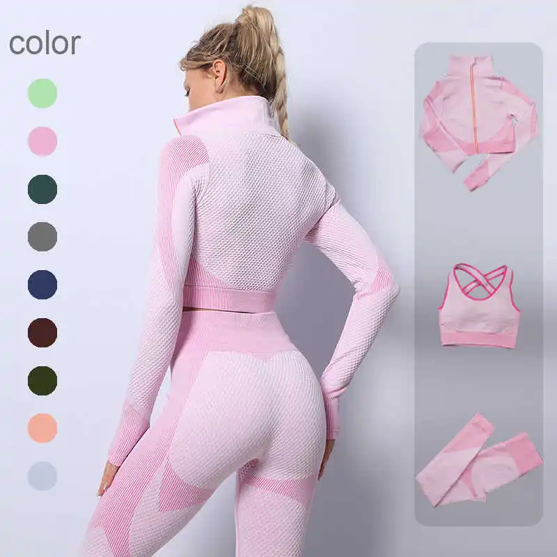 

2/3pcs Seamless Women Yoga Set Workout Sportswear Gym Clothing Fitness Long Sleeve Crop Top High Waist Leggings Sports Suits