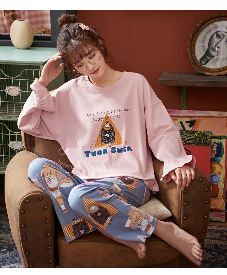 Большие размеры women женские пижамы Осень Зима хлопок мультфильм пижамы круглый вырез свободные мягкие Женское ночное белье