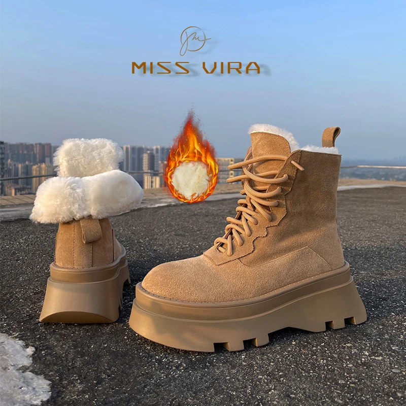 

MISS VIRA Snow Boots Women Suede Leather Lace Up Platform Ankle Boots Keep Warm Wool Ladies Winter Shoes Thick Fur Heels