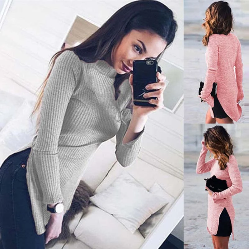 Women Winter Sweater Shirts Long Sleeve Top Knitted Pullovers High Split Casual Knitwear Women's Clothing Fashion Sweaters | Женская