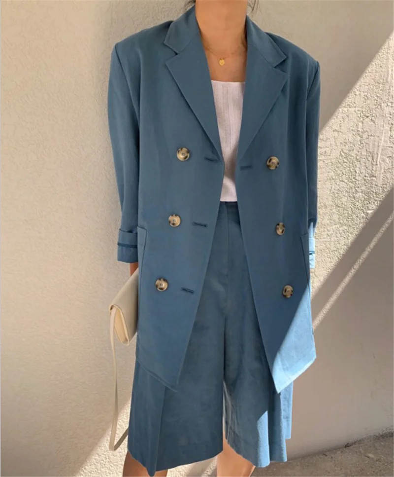 

England Style Elegant Fashion Solid Simple Suits for Ladies 2020 Hot Summer Suit Double Breasted Notched Elegant Minimalist Sets
